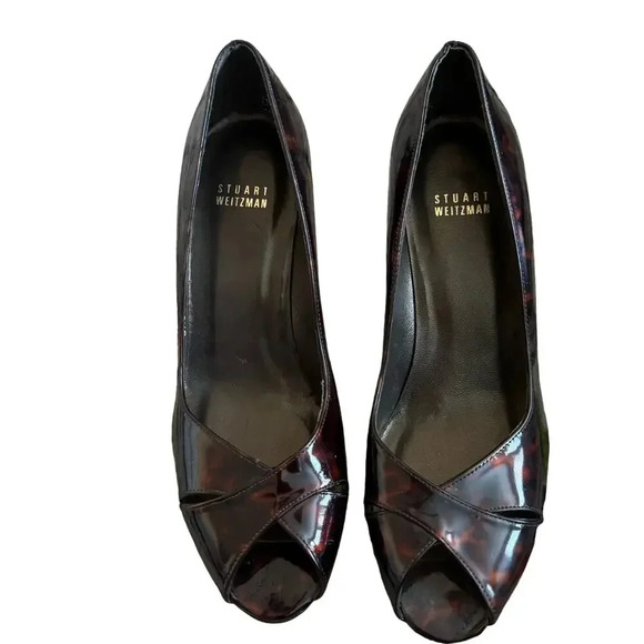 Stuart Weitzman Women's Tortoise Print Patent Leather Heel 8 Peep Toe Stiletto - Picture 1 of 10